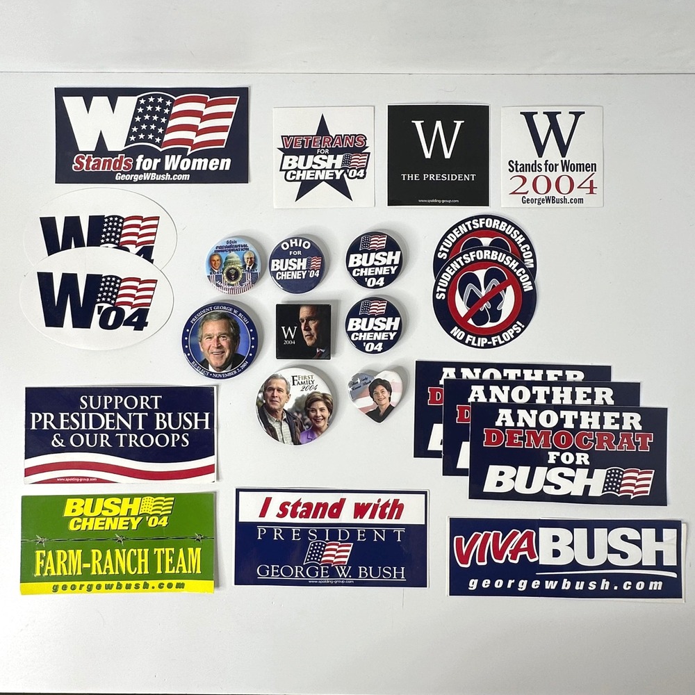 George W Bush Cheney 2004 Campaign Stickers & Buttons 23 Pieces Vintage